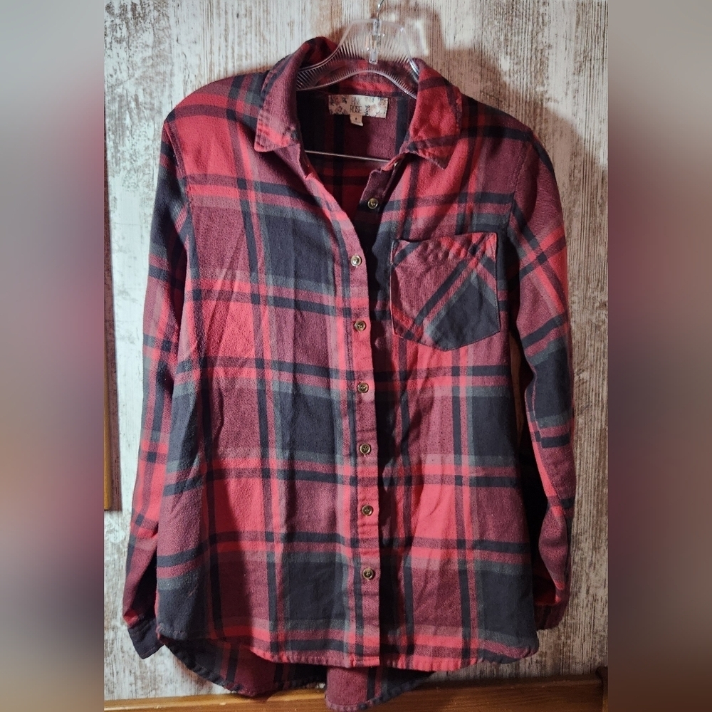 Pink Rose Red and Black Plaid Button-Down Shirt Flannel
